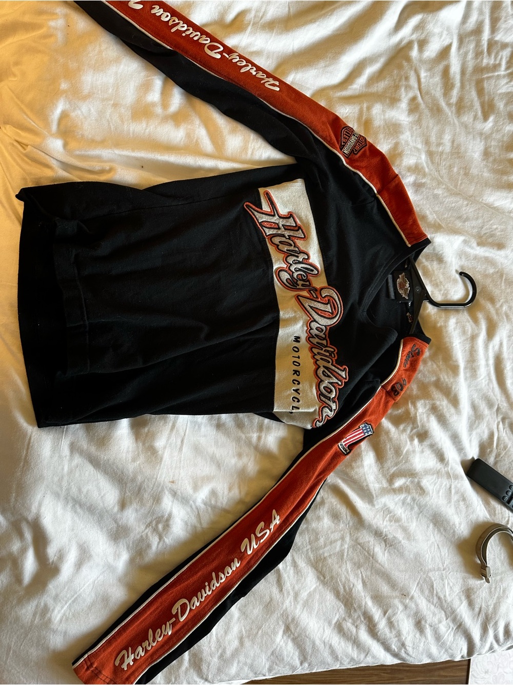 Harley-Davidson Vintage Black, Orange & White Racing-Style Long Sleeve Tee